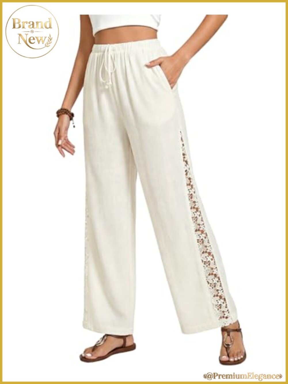 Linen Wide Leg High Waisted Crochet Panel Pull On Pants Casual Summer